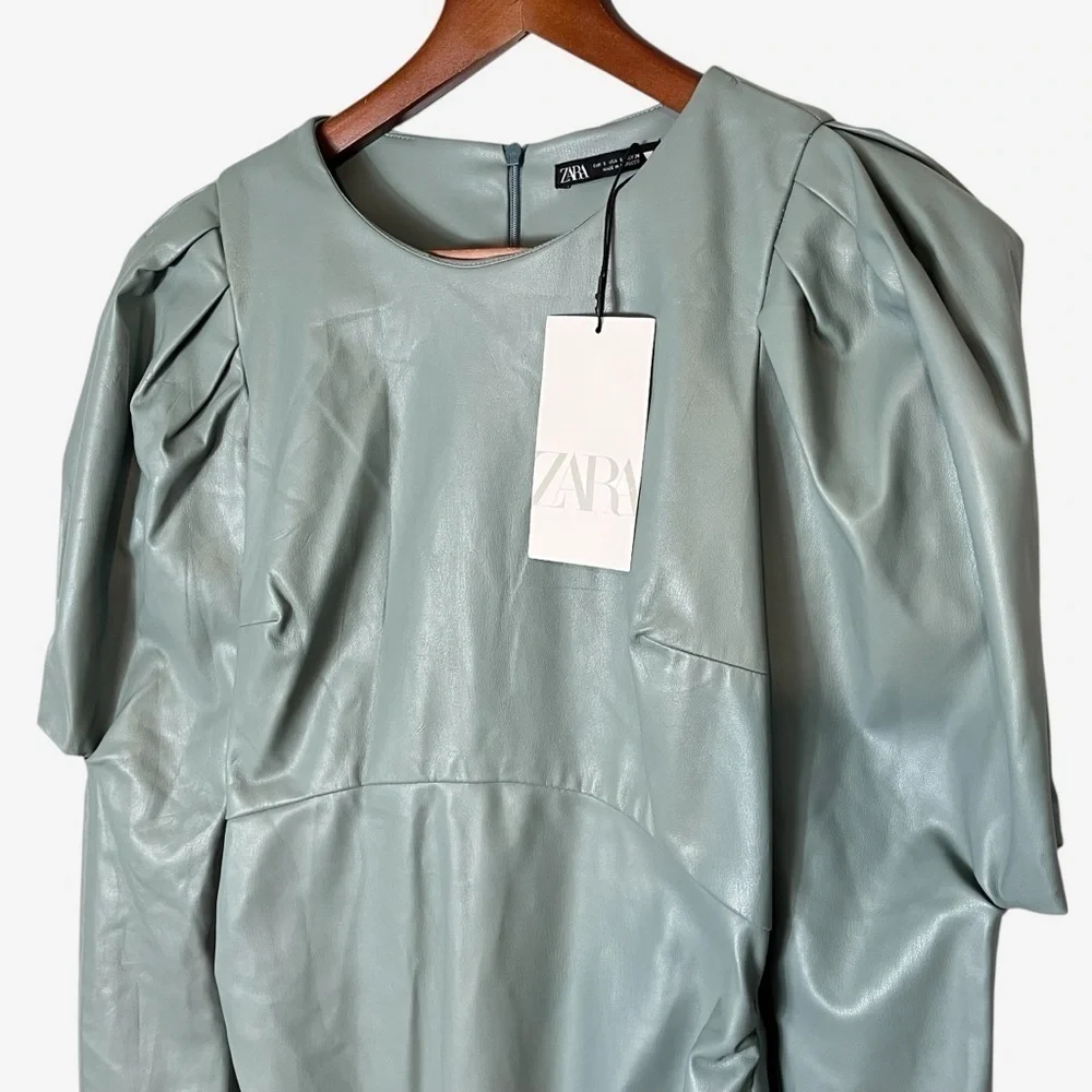 NWT ZARA Faux Leather Mini Dress Puff Sleeve Zip Wrist Green Blogger Fave - Picture 3 of 13